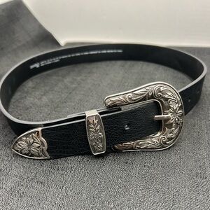 H&M Western Style Black Faux Leather Belt w/ Silver Embossed Metal Buckle & Tip